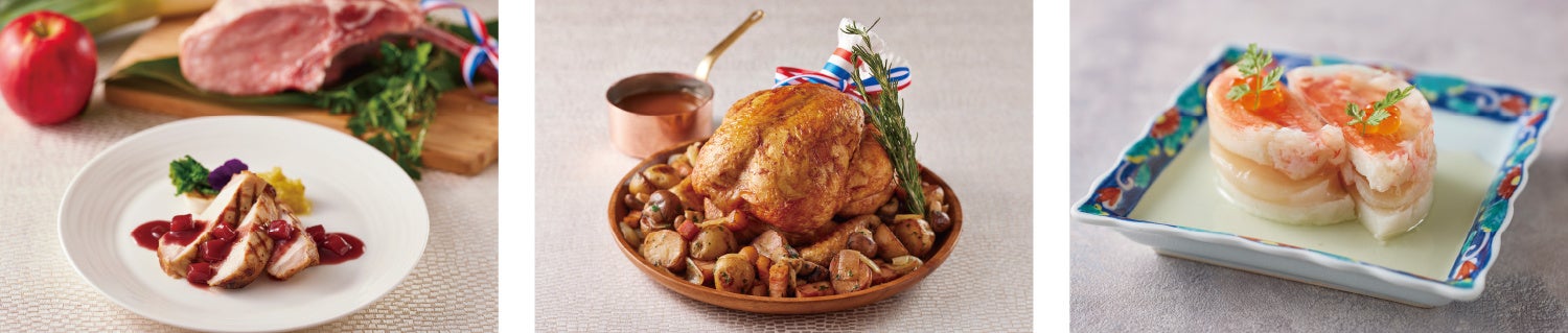 左：氷温熟成黒豚トマホークのグリル／中央：ローストチキン／右：蟹と帆立の博多蒸し