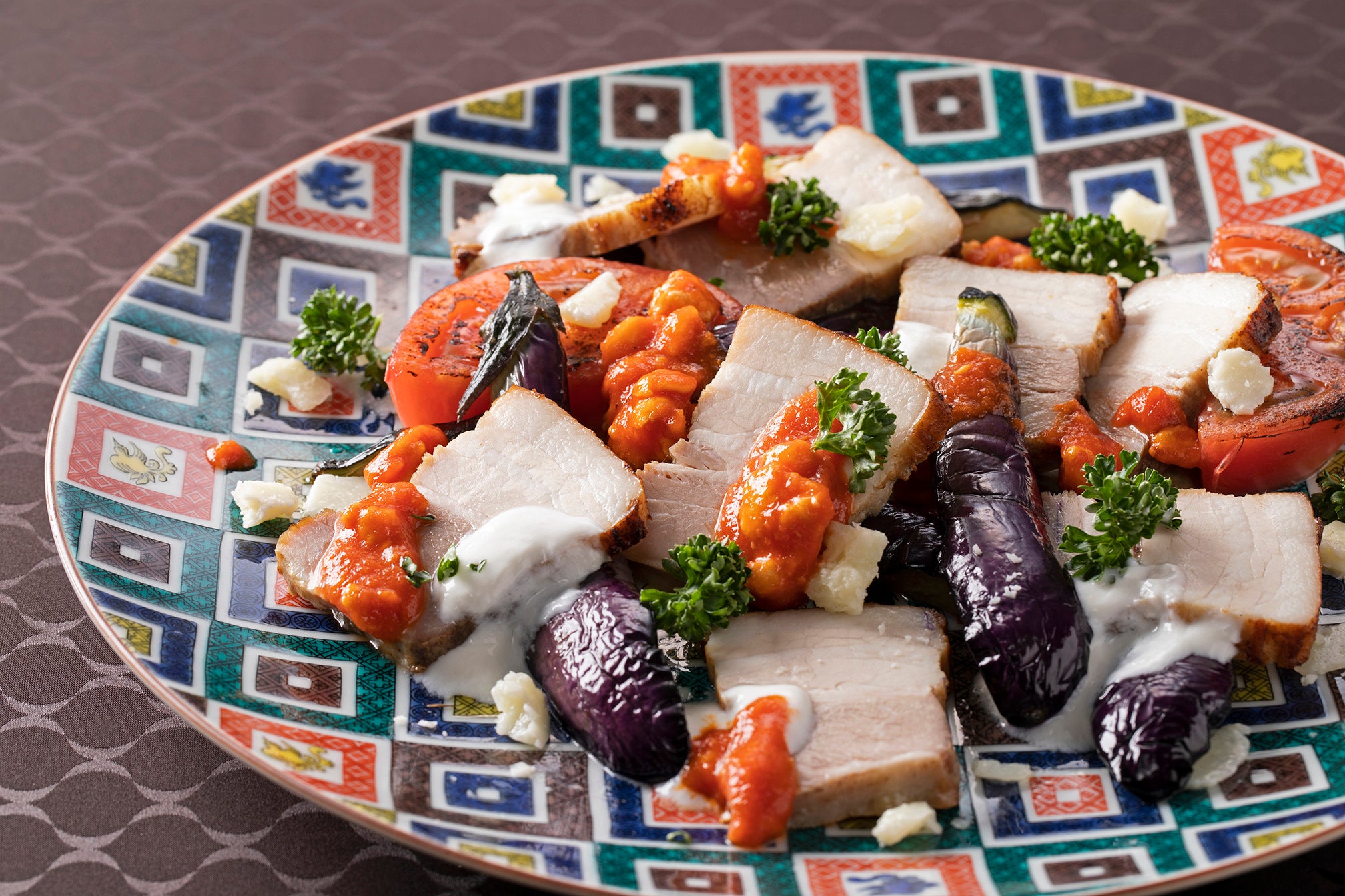 ナスビと豚バラ肉のトルコ風