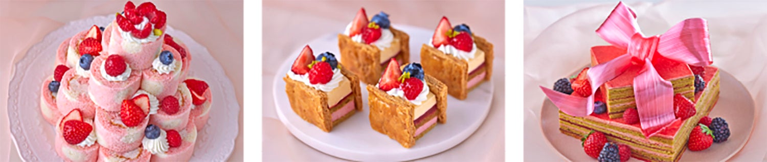 （左）ストロベリーロールケーキ／（中央）ストロベリーミルフィーユ／（右）いちごのオペラ