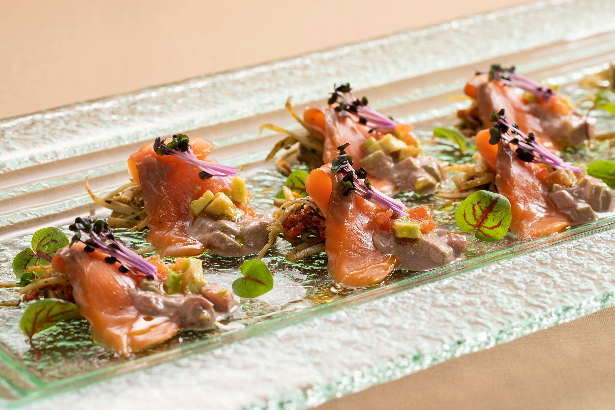 スモークサーモンとゴボウの ロミロミカカオソース