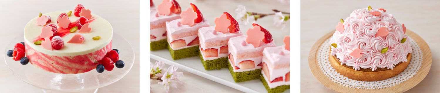 左：さくらベリーとフロマージュブランムース／中央：さくらのショートケーキ／右：さくらの木のタルト