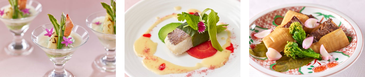 左：グリーンアスパラガスのババロワとホワイトアスパラガスのクーリ／中央：真鯛のバプール／右：筍牛肉挟み焼