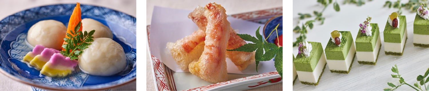 左：新じゃが饅頭／中央：海老と長芋ライスペーパー揚げ／抹茶とジャスミン茶のホワイトチョコレートムース