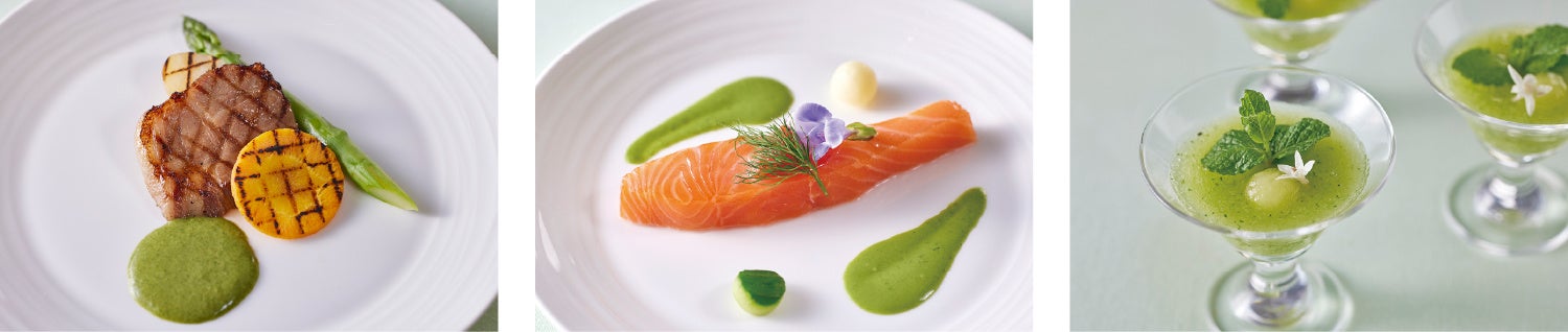 左：松阪ポークのグリル ココナッツとほうれん草のグリーンカレーソース／中央：サーモンのミ・キュイ ヴェルデュレットソース／右：きゅうりとメロンのガスパチョ