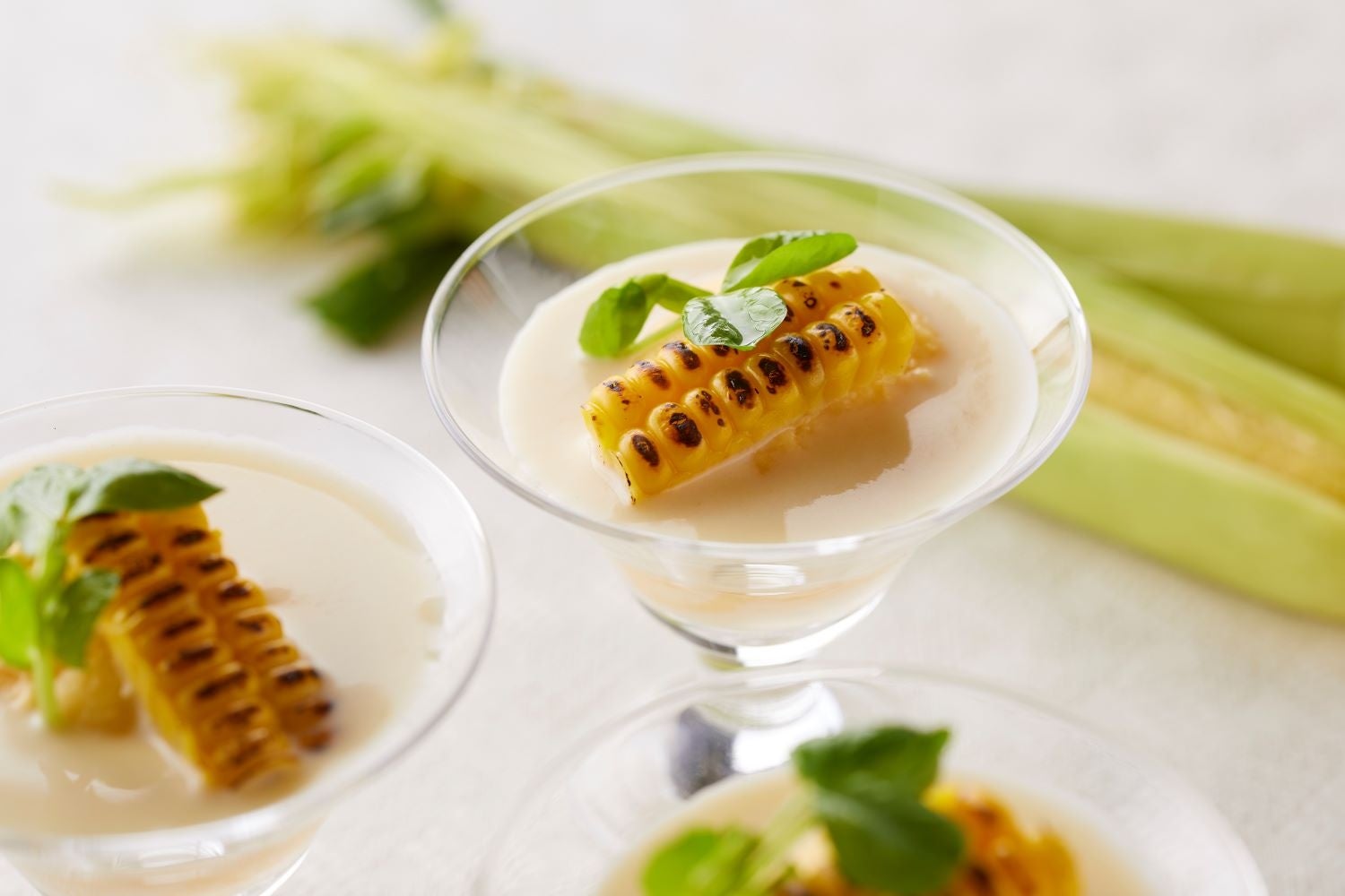 とうもろこしのババロアとホワイトコーンのクーリ添え