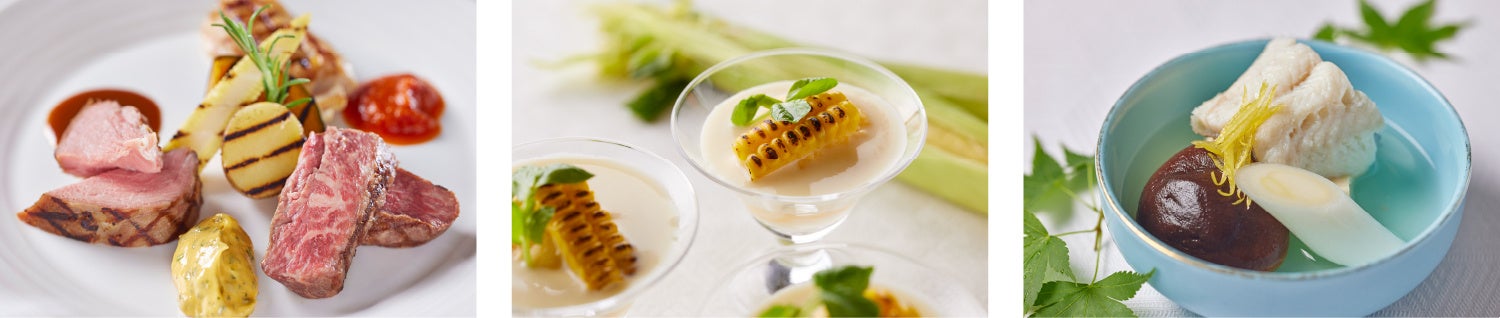 左：千葉県産牛肉・豚肉・鶏肉3種のミックスグリル／中央：とうもろこしのババロア／右：雉羽太一口蒸し