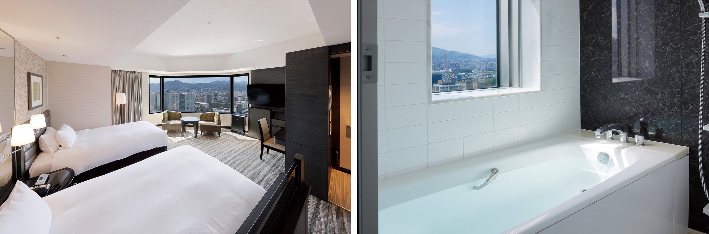 ワイドビューが特徴のコーナーツインルーム（左）／ 日中は陽光が注ぎ、夜は夜景が見えるビューバス（右）
