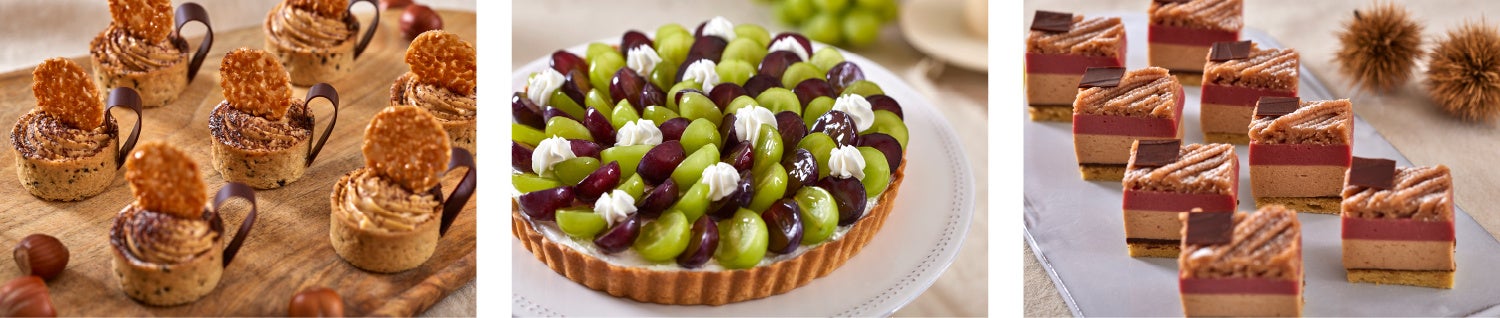 左：ミニコーヒータルトとヘーゼルナッツクリーム／中央：ぶどうのタルト／右：マロン・フランボワーズ