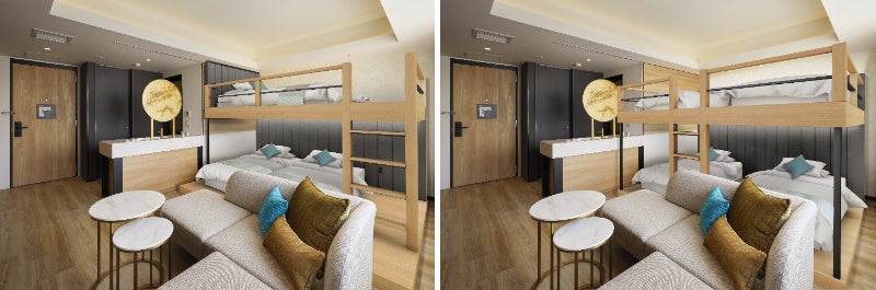 『Bunk Room』 完成パース ／ 左：タイプ A（上段 クイーン & 下段 ハリウッドツイン）右：タイプ B（上段 ツイン & 下段 ツイン）