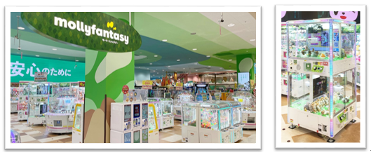 モーリーファンタジーのイメージ（左）／ファンタジーメディア対象のプライズゲーム機のイメージ（右）