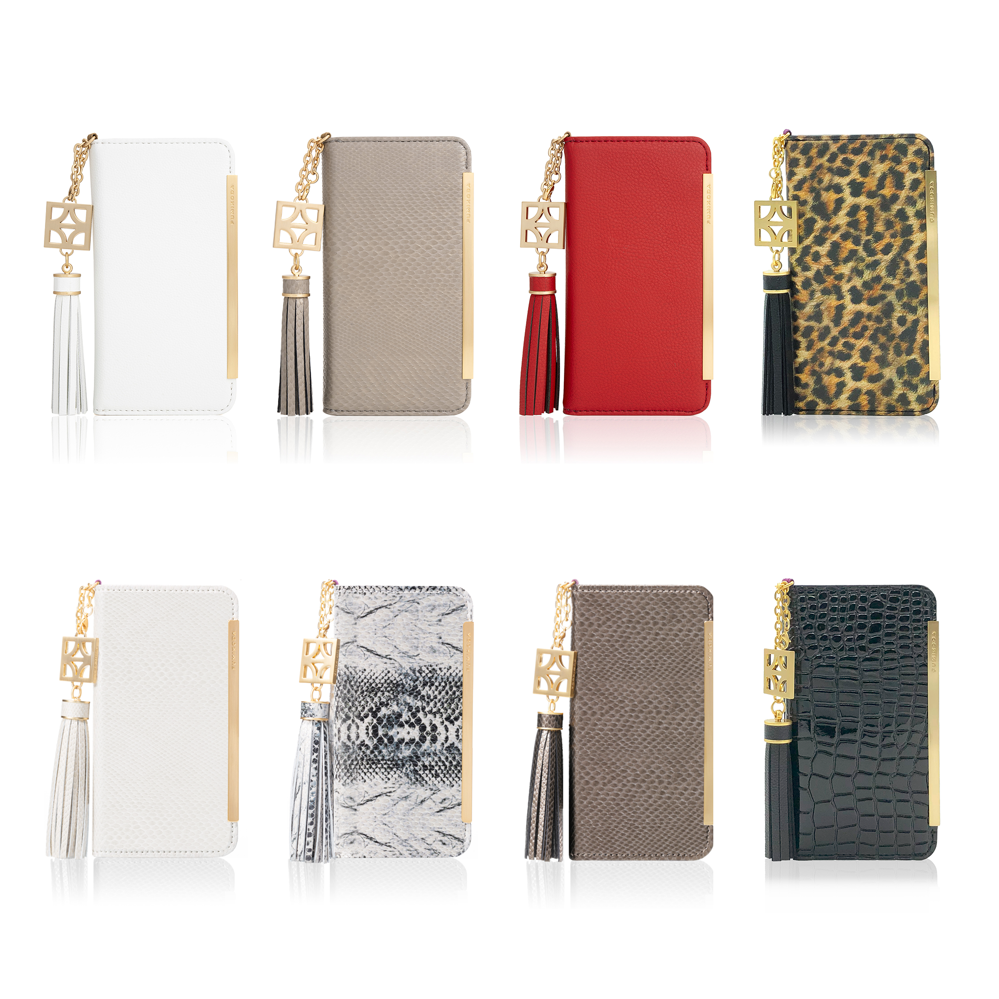 全８カラー：左からホワイト・アイボリー、グレージュパイソン、アップルレッド、パンサー、アイボリー・ホワイト、&nbsp; モノトーン・ブラック、ゴールド・ベージュ、アリゲーターブラック