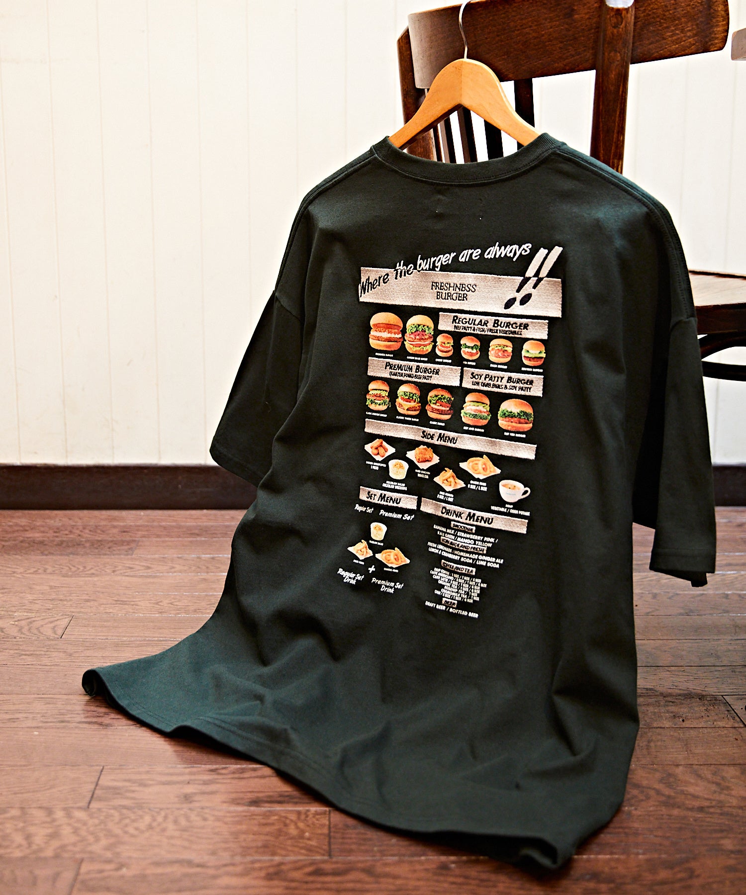 FRESHNESS BURGER×FREAK’S STORE 別注ビッグシルエットバッグ刺繍プリントTシャツ