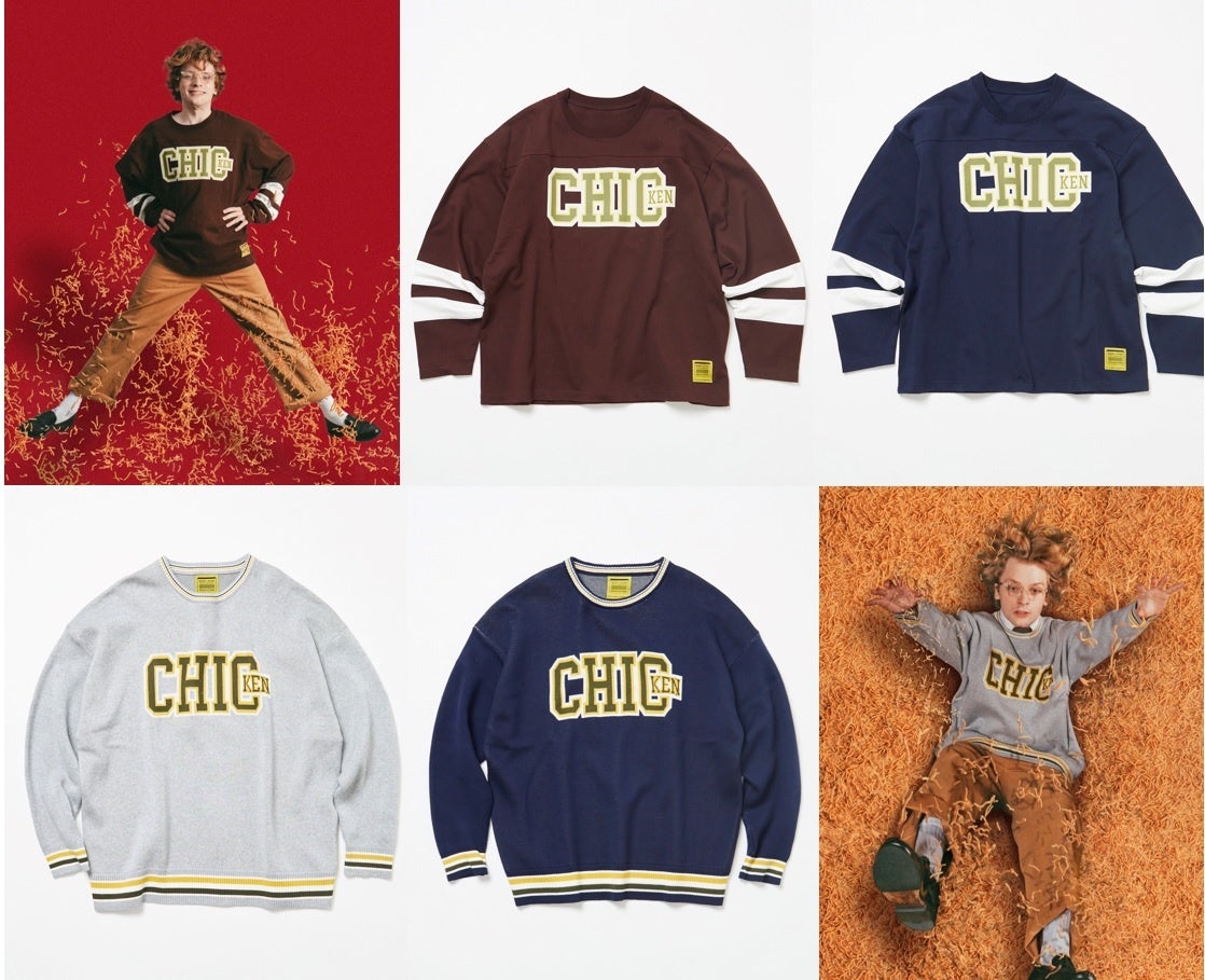 右上：LS FOOT BALL TEE CHICKEN ¥7,700(tax in)&nbsp; 左下：JACQUARD KNIT CHICKEN ¥7700（tax in）各アイテム2色展開