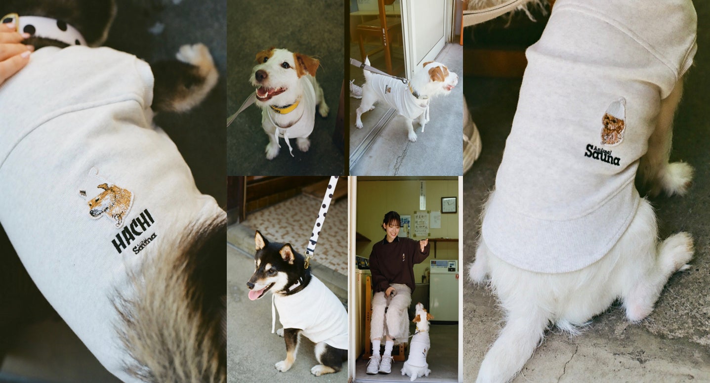 サウナの館内着素材に、絶妙な位置にワッペンでワンポイント。飼い主とペアルックで着れるようにアパレルラインとペアルックでリリース。