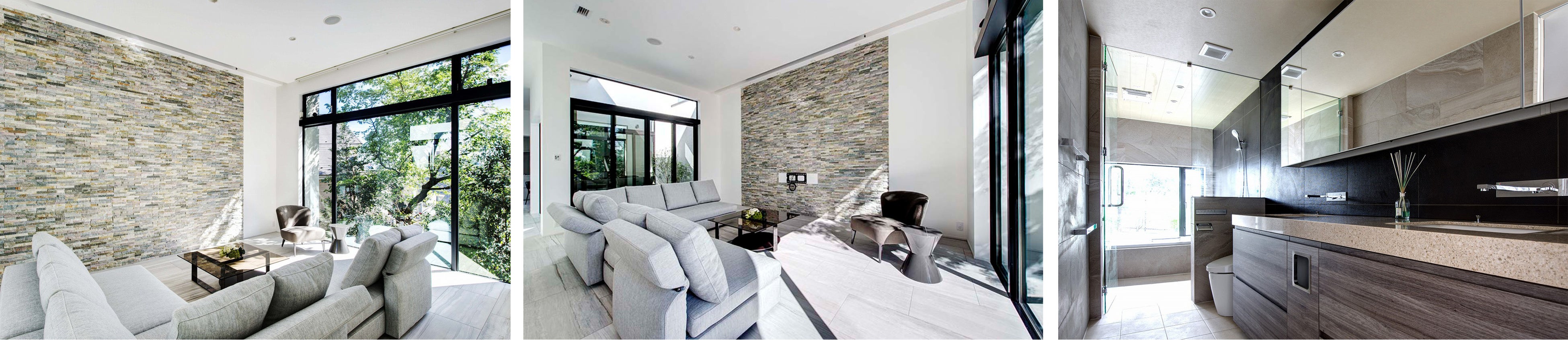 都心の住宅街の邸宅の例。一般的にメインの採光面とされる南側は隣家に接しているため壁を立て、代わりに庭の樹木が広がる窓（左）と、LDKの間にあるテラスに面した開口（中）から光と緑を採り入れた。緑は邸宅内の様々な場所から楽しめ、同時に外からの視線を遮る役割も。