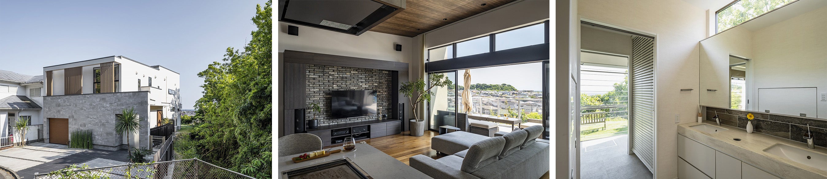 湘南地域のサービス開始に先立ち、神奈川県鎌倉市七里ヶ浜にて設計施工した邸宅の実例。水平線を望める高台の敷地。その借景を邸宅の様々な場所に取り込み、美しい景色と開放感を楽しめる住まいを計画した。バルコニーの袖壁など隣家からの視線をコントロールする工夫も。