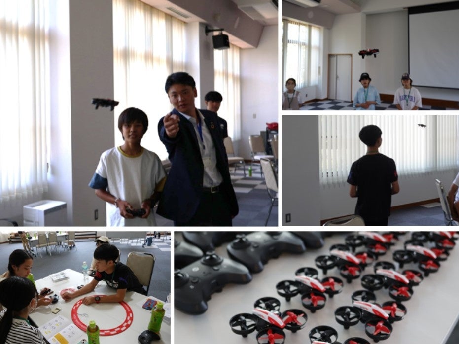 ▲夏休みに開催された中学生向けドローン講習会の模様。河内町で行われている実証実験の説明やドローンの機体構造を学んだ。