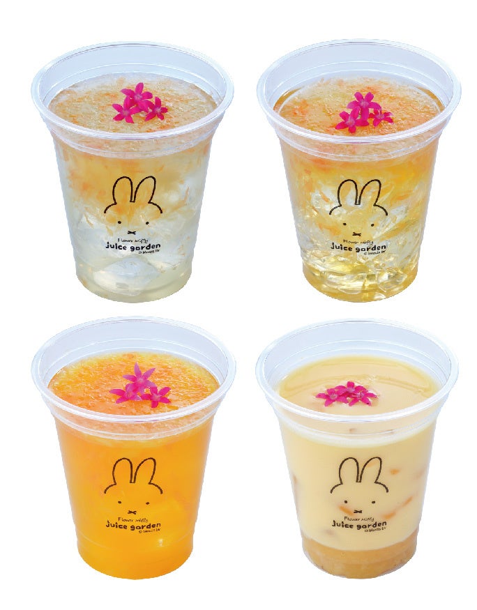 ※フレッシュフラワージュース 左上からレモネード、 アップルジュース、オレンジジュース、ミックスジュース