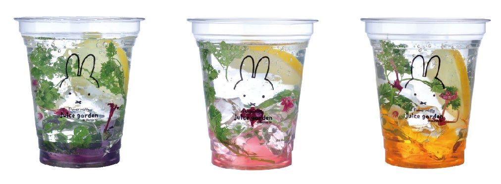 ※フラワーガーデンカクテル 左からラベンダー(リンゴ)、チューリップ(ピーチ)、ミモザ(オレンジ)