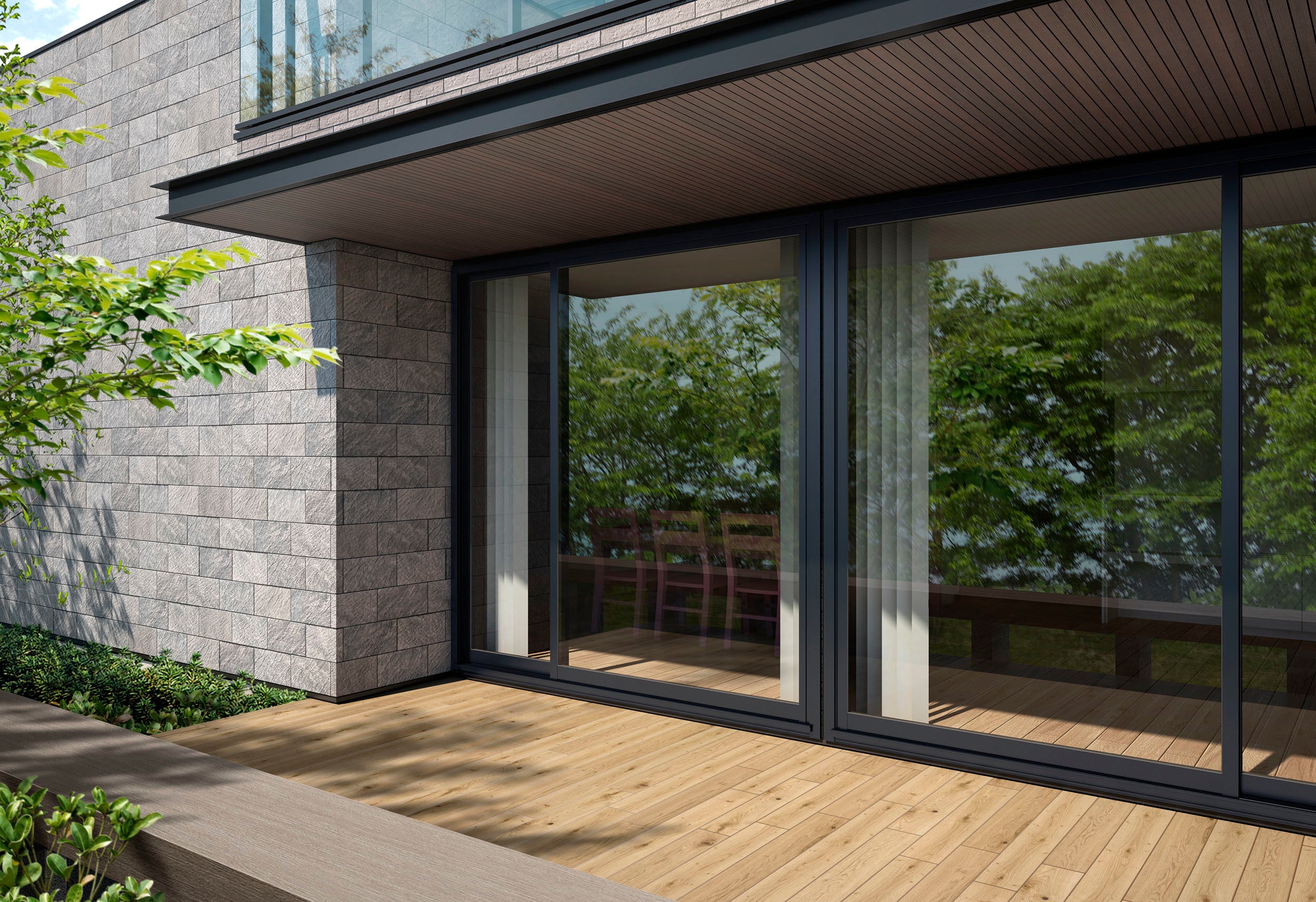 ブラックサッシと大判タイル