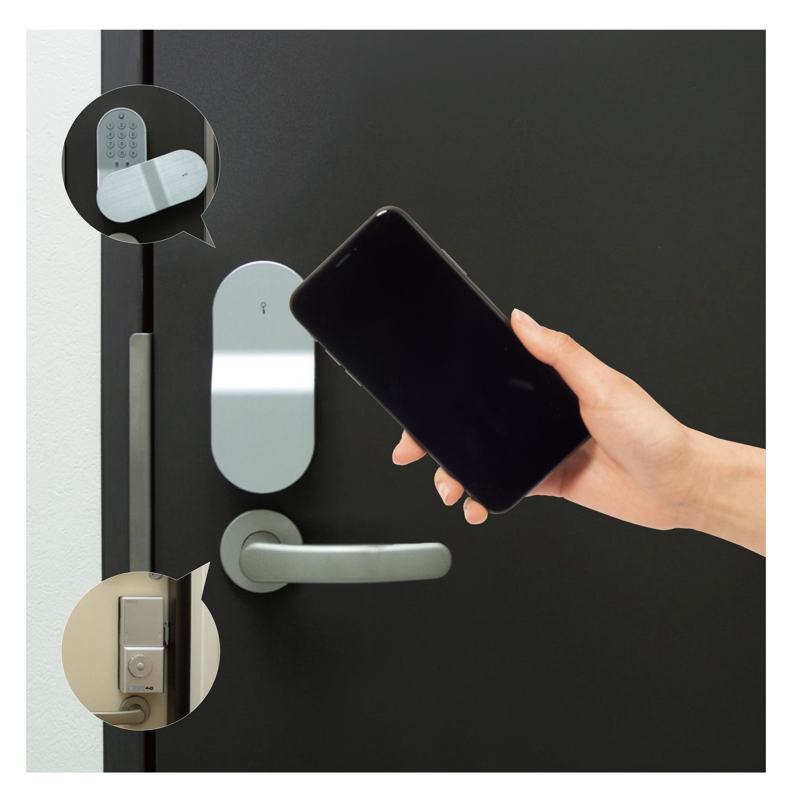 スマートロック　OPELOイメージ （画像左上：パスワード解錠時 ／画像左下：室内側サムターン部）