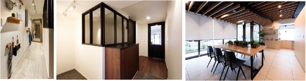 『イニシア大手前』 土間スペース(左、モデルルーム)・DEN「+ONE SPACE」(中央)、共用部 コワーキングスペース(右)