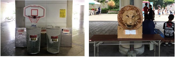 “仕掛学”過去事例 (左：ゴミ箱バスケットゴール　右：ライオン型手指消毒器) 松村教授提供写真