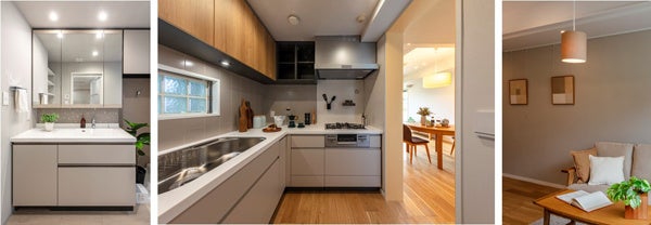 洗面台の鏡の下に廃材利用のタイルを使用／キッチン壁面に再生材利用のタイルを使用／コーヒー染めのペンダント照明