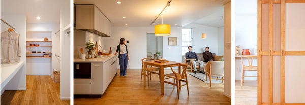 間伐材を使用した収納棚／コーヒー染めのペンダント照明／コーヒー染めの布框戸