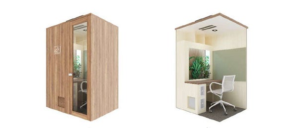 【個室型ワークブース「ハコノワ」ウェルネスタイプの外観と内観】