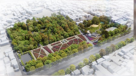 公園全景イメージパース（左側エリア：バラ園など、右側エリア：カフェなど） ※イメージであり実際とは異なる場合があります。