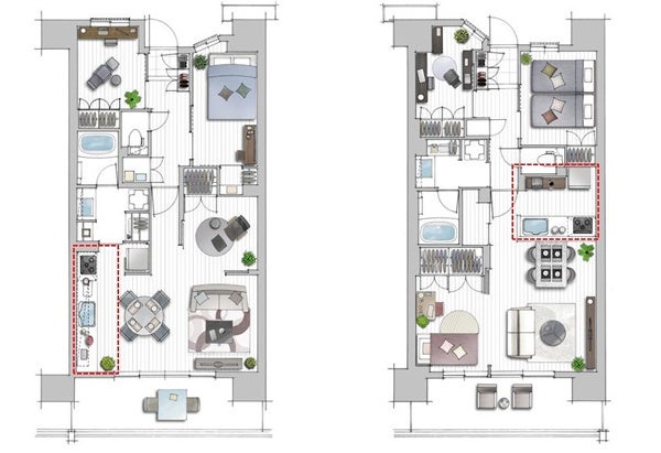 （左）壁付けキッチンタイプ／（右）カウンターキッチンタイプ