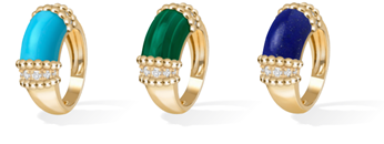 ペルレ クルール リング（イエローゴールド、ターコイズ、ダイヤモンド）、（イエローゴールド、マラカイト、ダイヤモンド）、 （イエローゴールド、ラピスラズリ、ダイヤモンド）