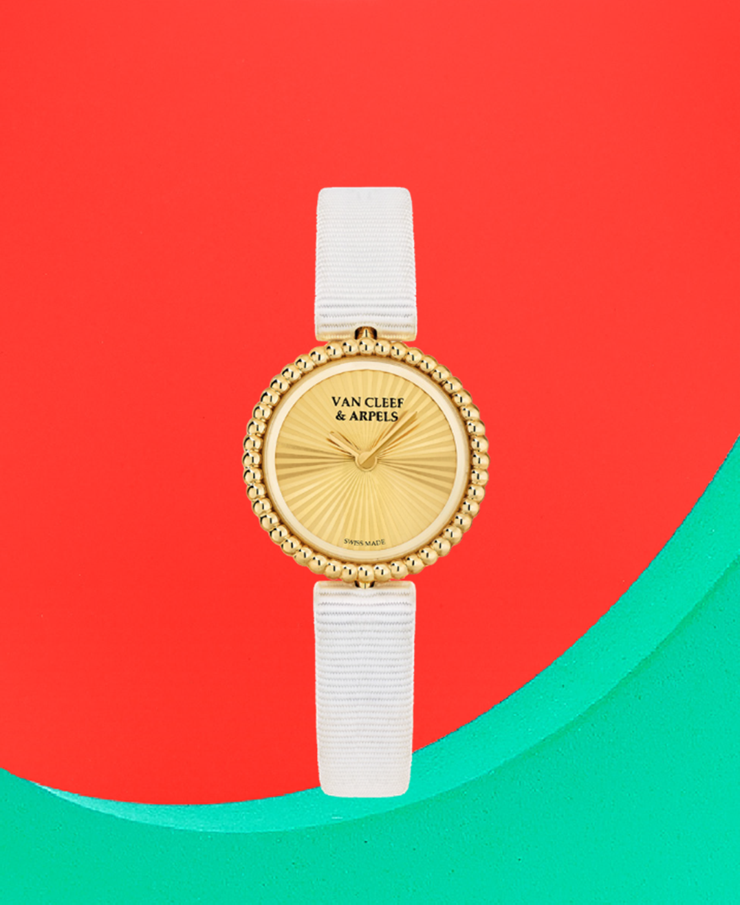 ペルレ ウォッチ 23mm（イエローゴールド、ギヨシェ イエローゴールド、スイス製クォーツムーブメント、ホワイト グログラン ブレスレット）