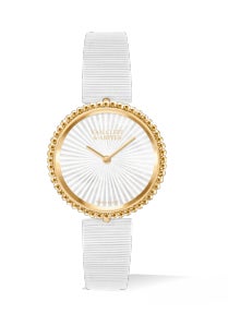 ペルレ ウォッチ 30mm(イエローゴールド、ギヨシェ ホワイト マザーオブパール、スイス製クォーツムーブメント、ホワイト グログラン ブレスレット)