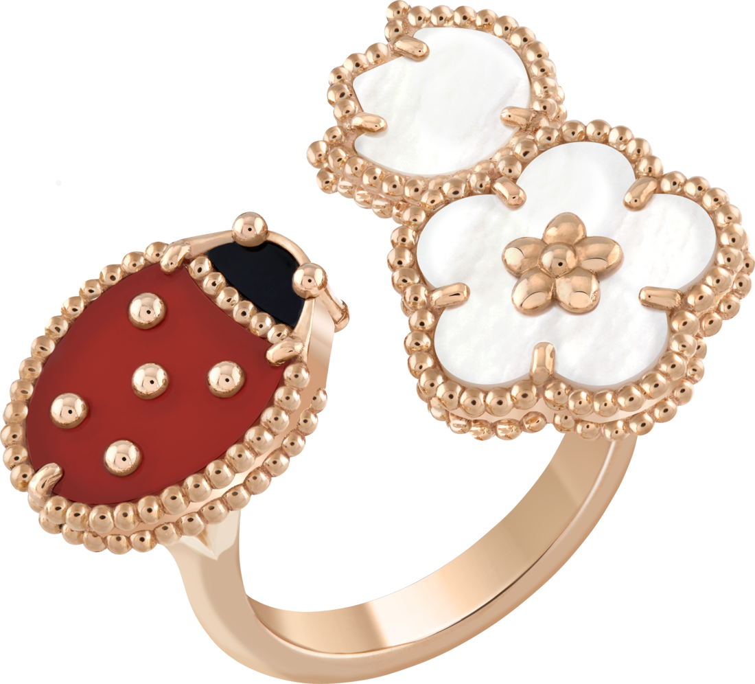 ラッキー スプリング アントレ レ ドア リング、ローズゴールド、ホワイト マザーオブパール、カーネリアン、オニキス