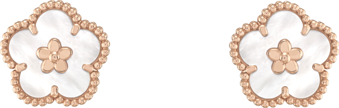 ラッキー スプリング イヤリング、プラムブロッサム、ローズゴールド、ホワイト マザーオブパール
