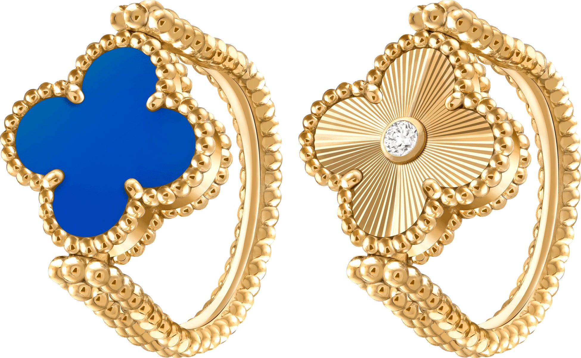 ヴィンテージ アルハンブラ リバーシブル リング(ギヨシェ イエローゴールド、ブルーアゲート、ダイヤモンド)