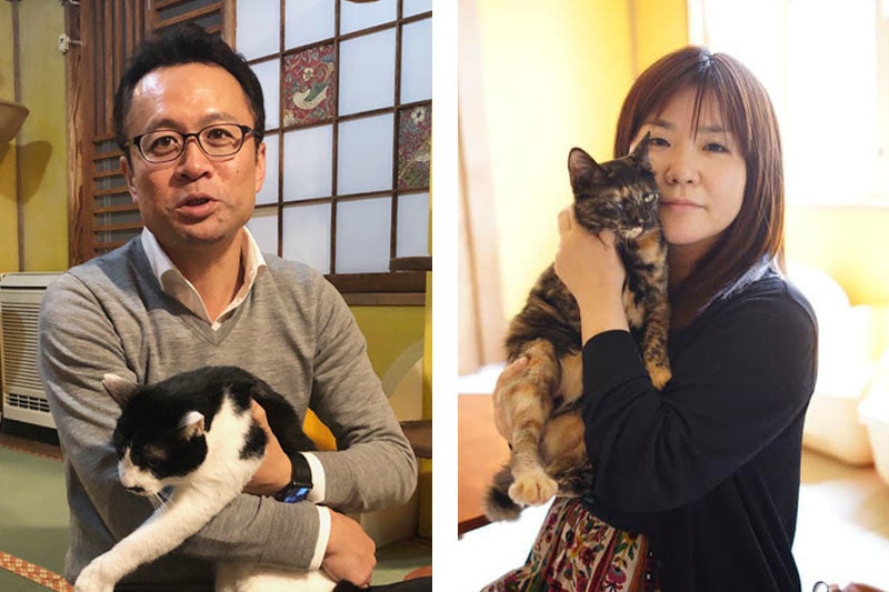 左側：株式会社トレッタキャッツ 代表取締役社長 堀宏治　／　右側：自走型保護猫カフェ「ネコリパブリック」代表取締役首相河瀬麻花