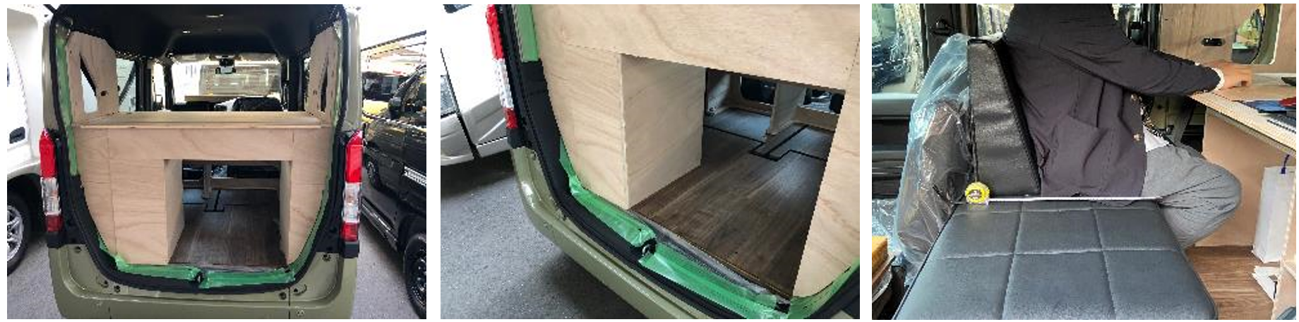 仕様検証のために、モックアップを製作。実際に荷物を置いたり着座したりしながら使い心地を確認しています。