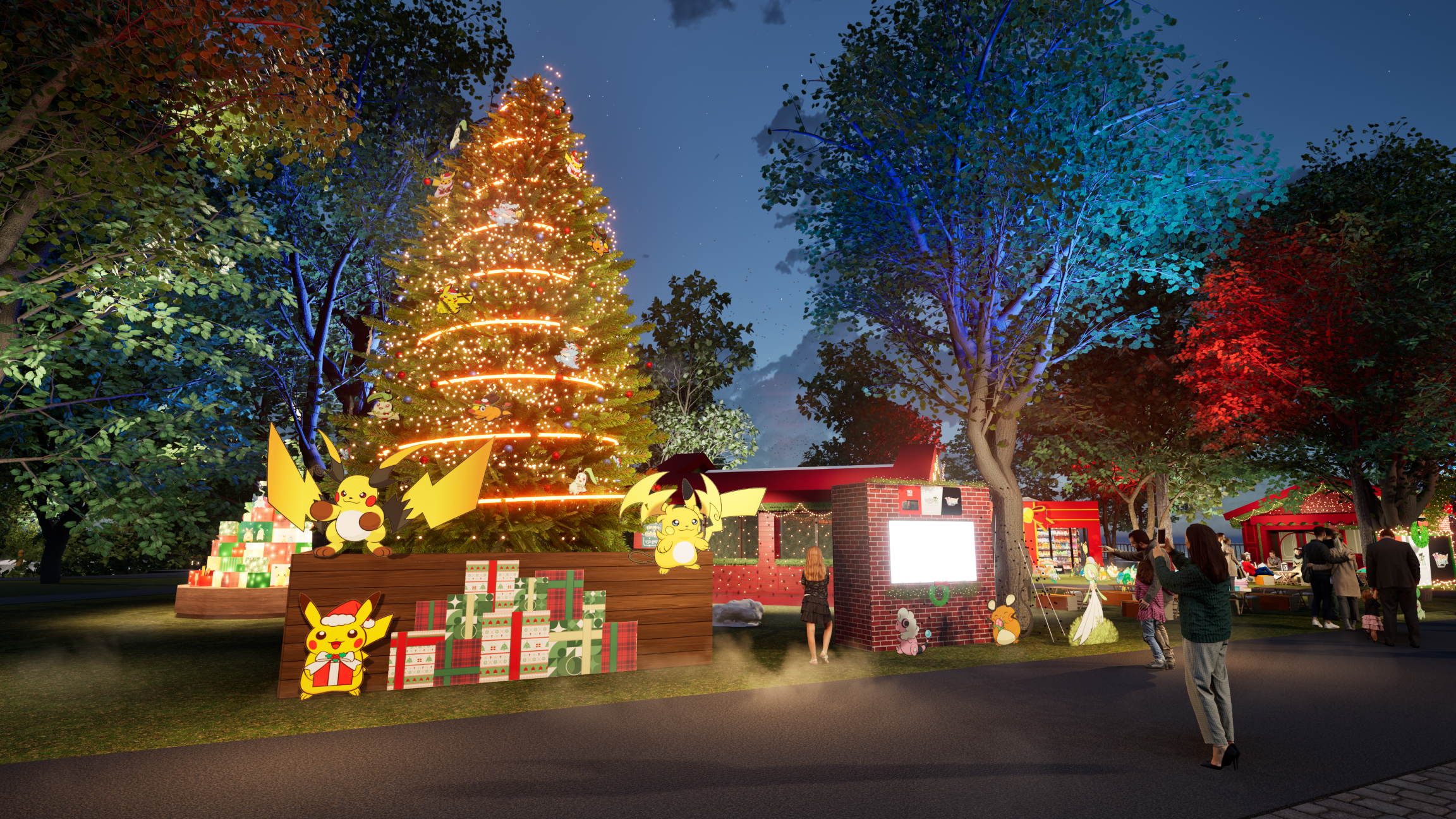 でんきタイプのポケモンが光を灯すツリーや、ぬいぐるみがズラリと並ん