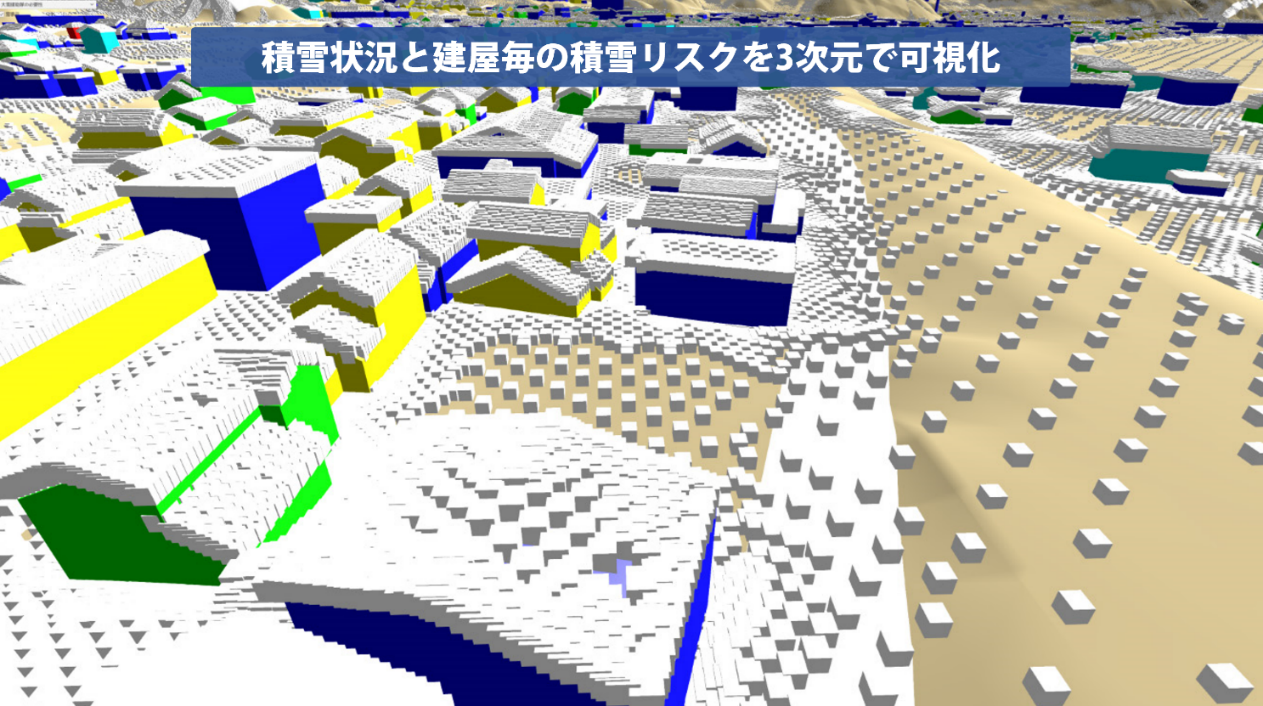 積雪による建屋ごとの損壊リスクを家屋の色分けにより表現