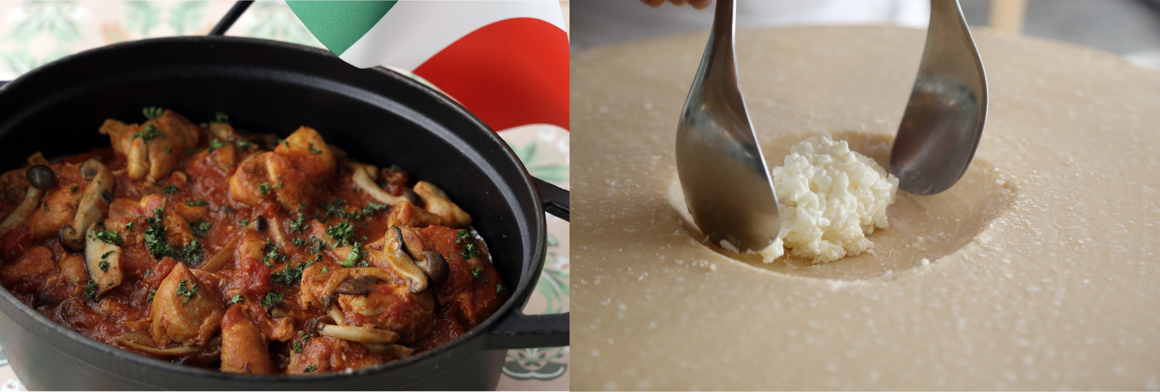 鶏もも肉のカチャトーラ　　　　　　　　　　　　　　　　　　　　　　　　　　チーズ樽で仕上げるリゾット