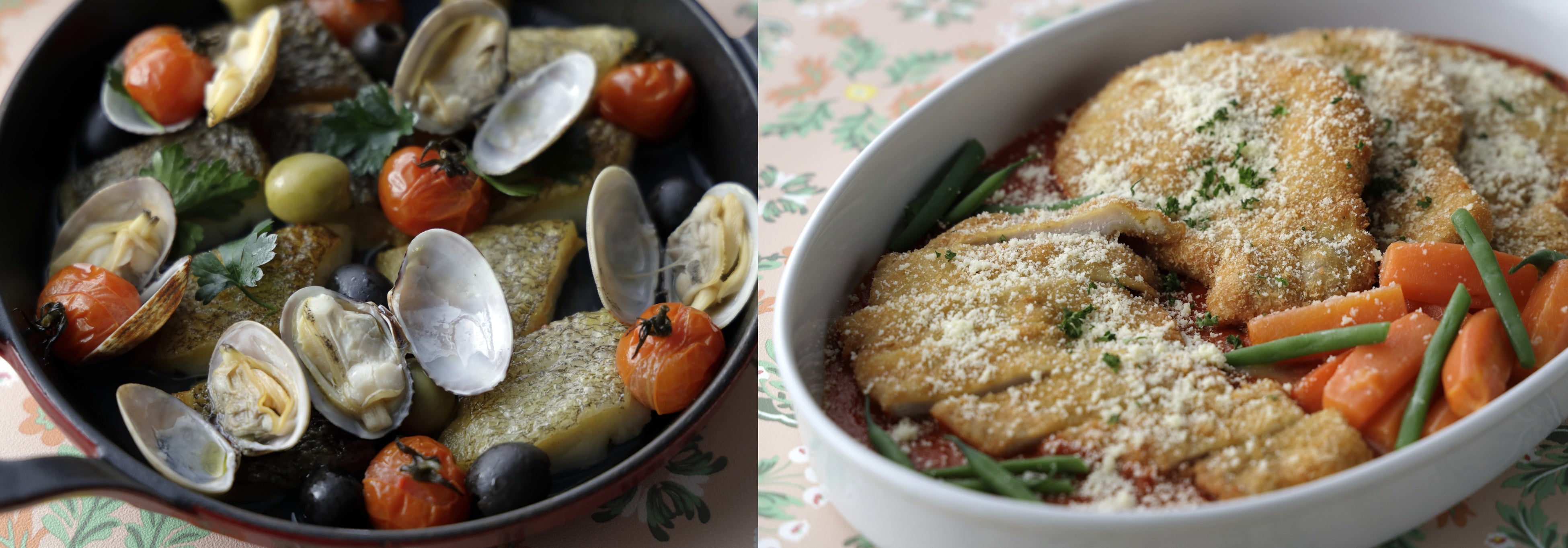 魚介のアクアパッツァ　　　　　　　　　　　　　　　　　　　　　　　　　　ポークロースのコトレッタ