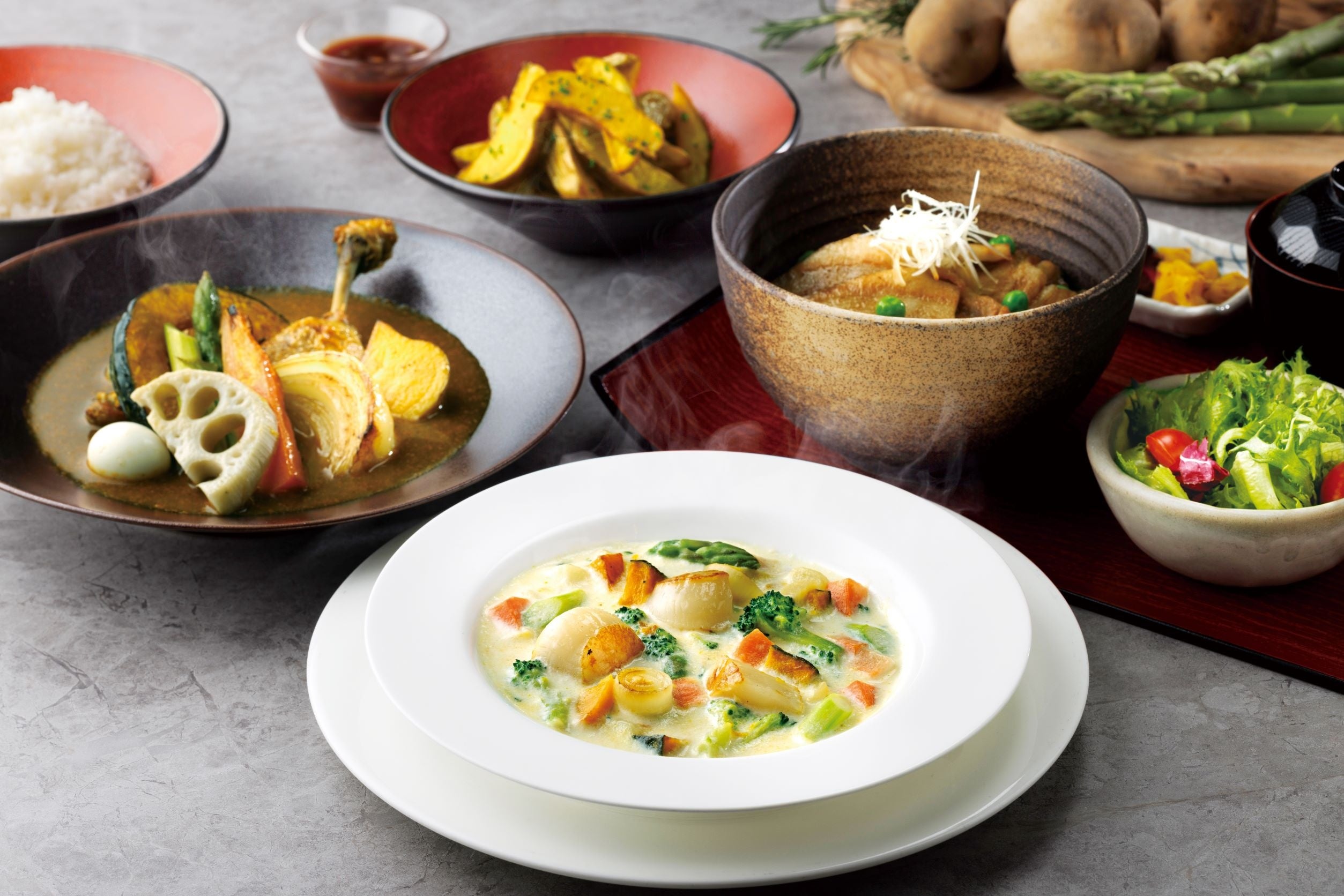 北海道産帆立貝と野菜のクリームスープ　他