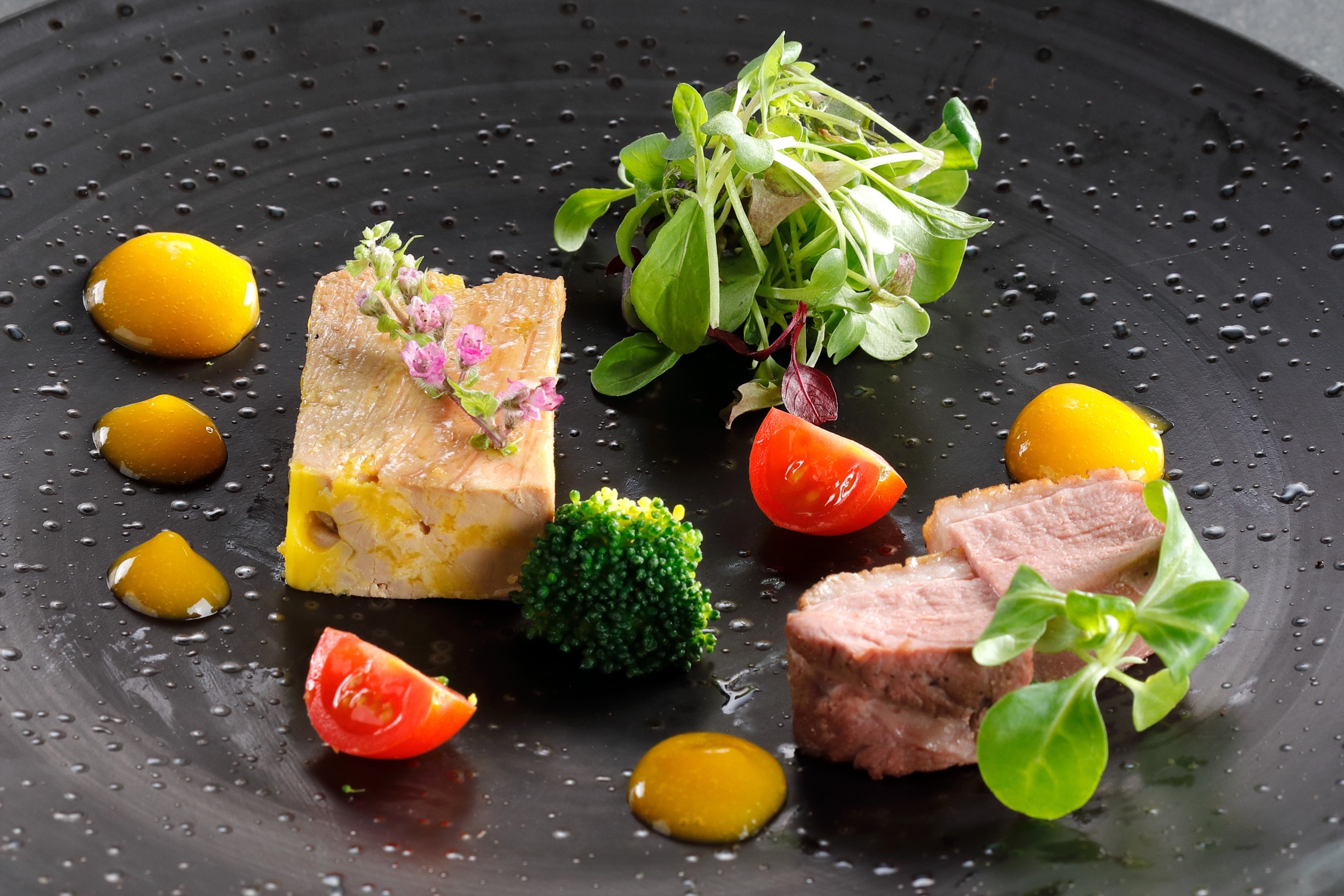 冷製鴨肉のローストとフォアグラのテリーヌ マンゴーのソース