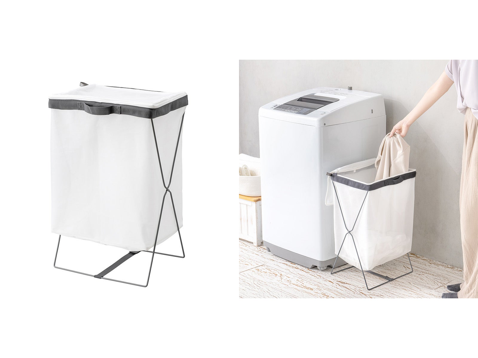 『フランドリー・洗えるランドリーバスケット』商品本体と使用シーン