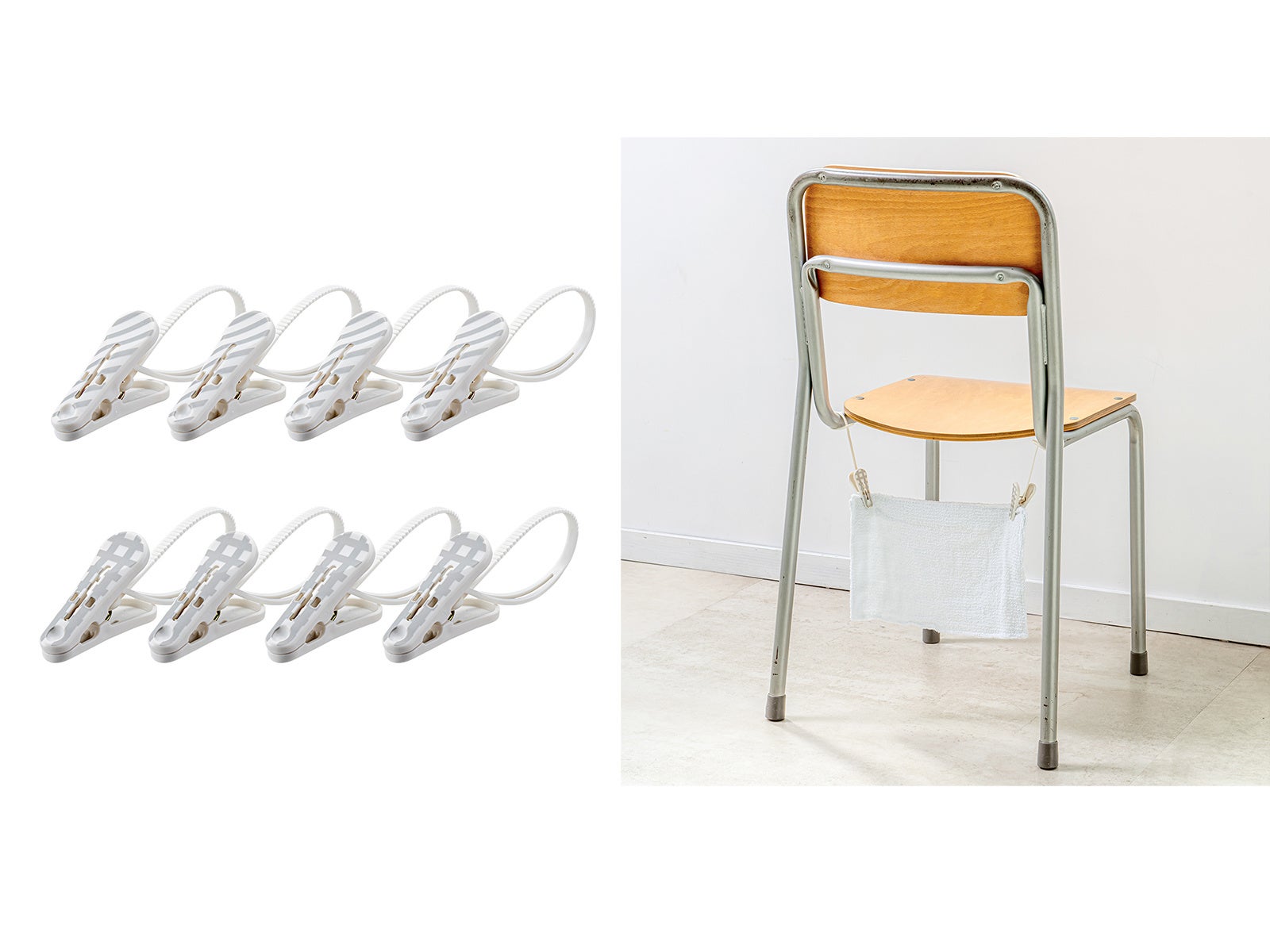 『ひも付きフィットピンチグレー』商品本体と使用シーン