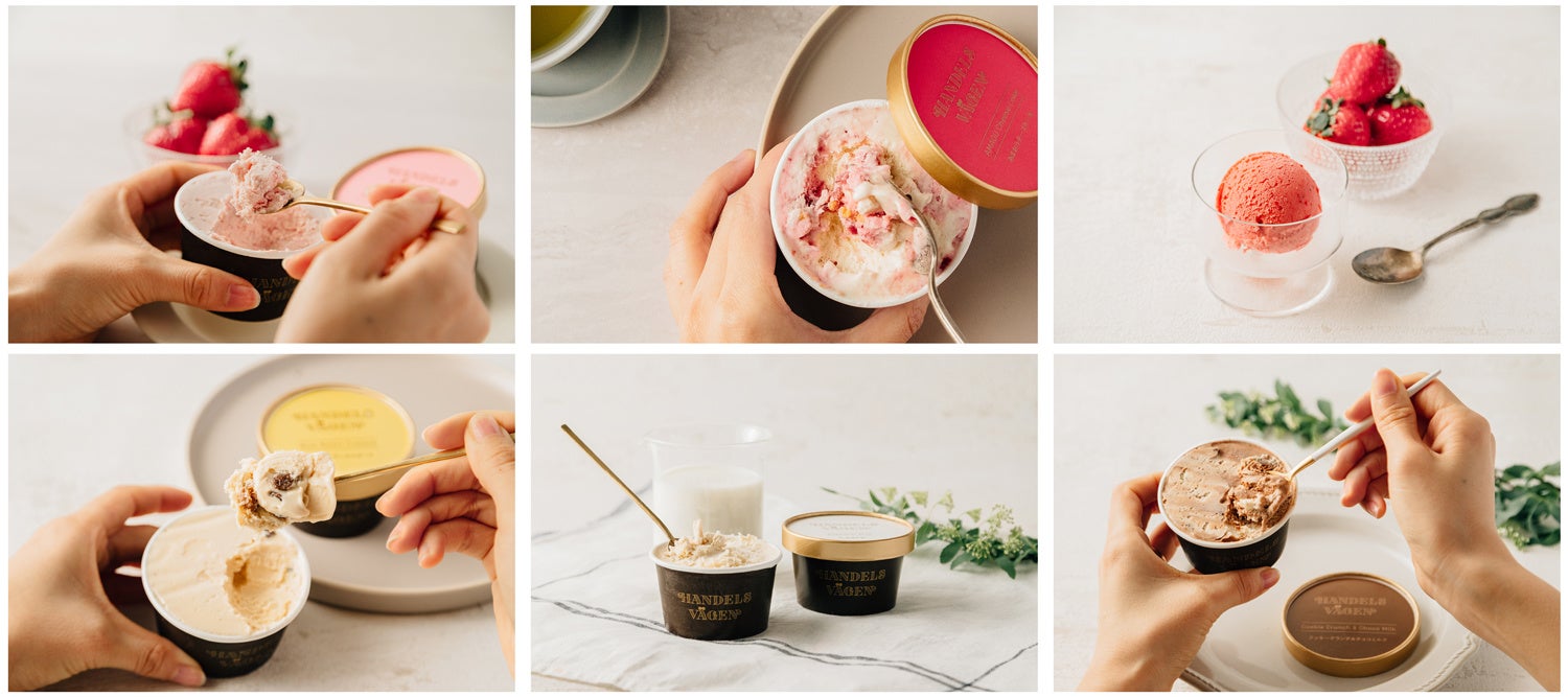 写真左上から、あまおう苺ミルク、あまおうチーズケーキ、あまおうソルベ、ラムレーズンカスタード、北海道牛乳、クッキークランチ&チョコミルク