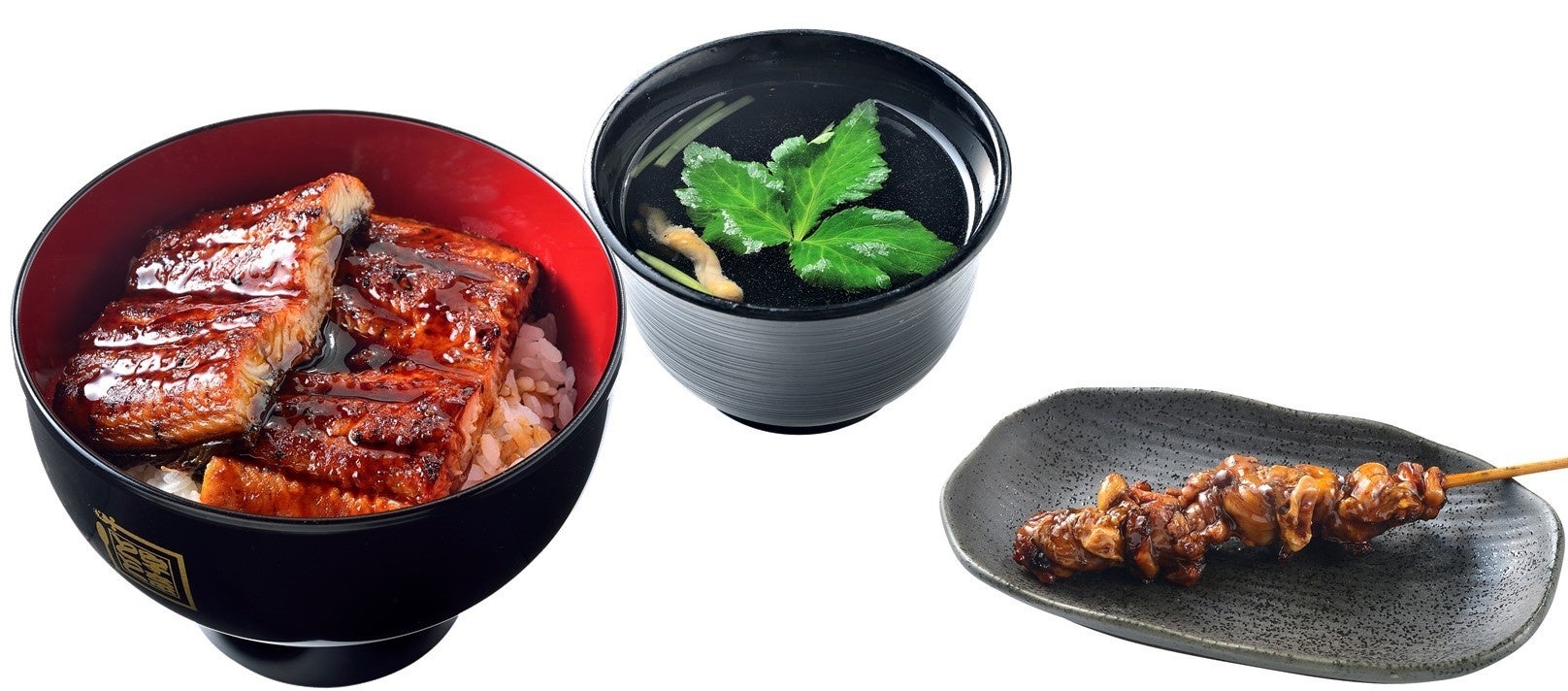 一番人気のうな丼ダブル(左)、肝吸い(中)、肝串(右)